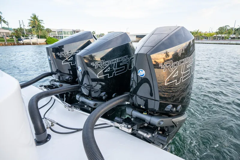 Slide: The Image of 2022 Onslow Bay 41 TE boat with triple Mercury Racing 450R outboard engines. - 21