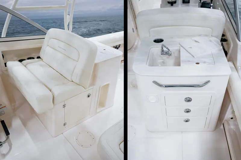 Slide: The Image of 2025 Grady-White Freedom 255 boat interior with seating and sink area. - 12