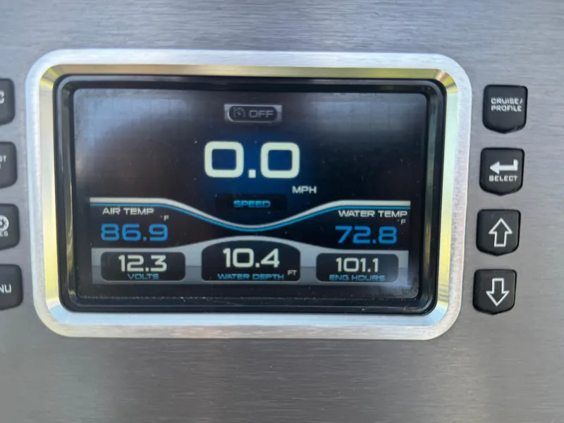 Slide: The Image of Dashboard display of a 2018 MasterCraft XT22 showing speed, temperature, and water depth. - 2