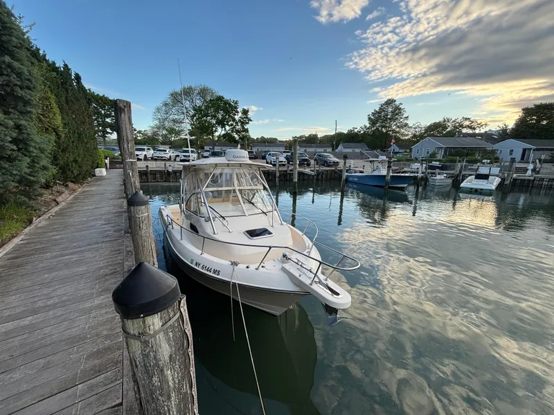 Slide: The Image of 2021 Grady-White Gulfstream 232 boat docked in a serene marina setting. - 43