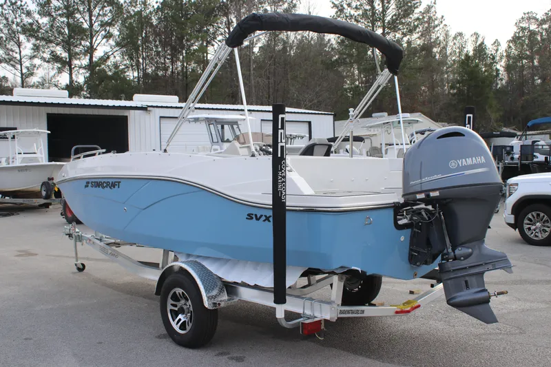 Slide: The Image of 2025 Starcraft SVX 191 OB boat with Yamaha outboard motor on trailer. - 2