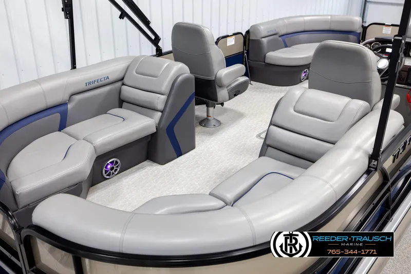 Slide: The Image of 2021 Trifecta 22 CS pontoon boat interior with luxurious seating and modern design. - 11
