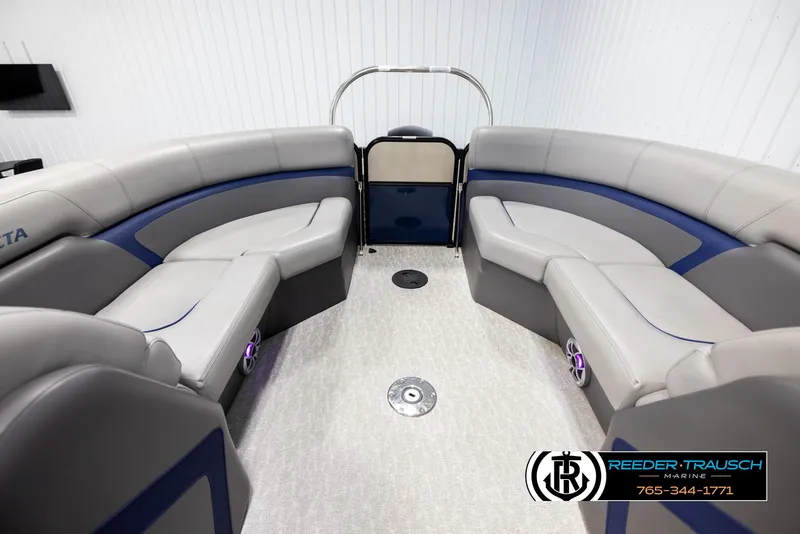 Slide: The Image of 2021 Trifecta 22 CS pontoon boat interior with gray seating and blue accents. - 14