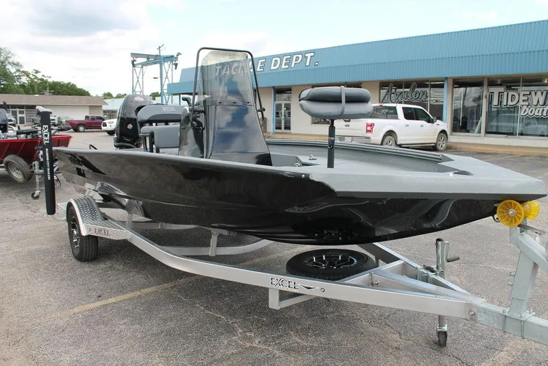Slide: The Image of 2024 Excel Bay Pro Elite 183 boat on trailer outside dealership. - 6