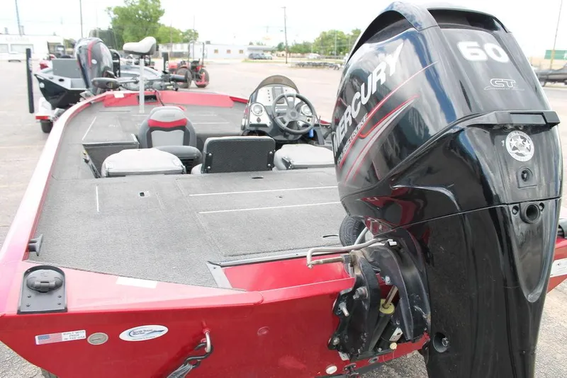 Slide: The Image of 2018 Lowe Stinger 175C boat with Mercury 60 CT outboard motor, red and black design. - 3