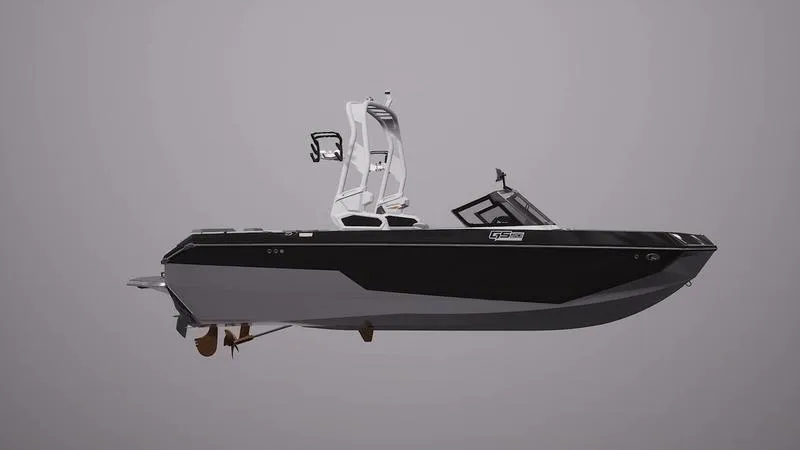 Slide: The Image of 2025 Nautique Super Air Nautique GS20 boat, sleek black design, side view. - 16
