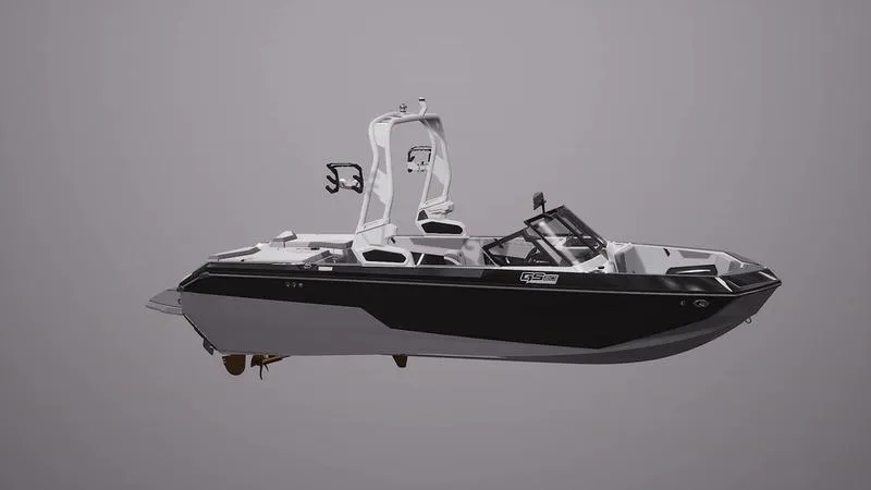 Slide: The Image of 2025 Nautique Super Air Nautique GS20 boat, sleek black and white design, side view. - 19