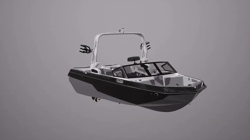 Slide: The Image of 2025 Nautique Super Air Nautique GS20 boat, sleek black design, side view. - 20