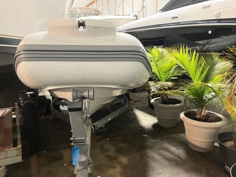 Slide: The Image of 2015 Brig Eagle 480 inflatable boat on trailer, surrounded by potted plants in storage. - 1