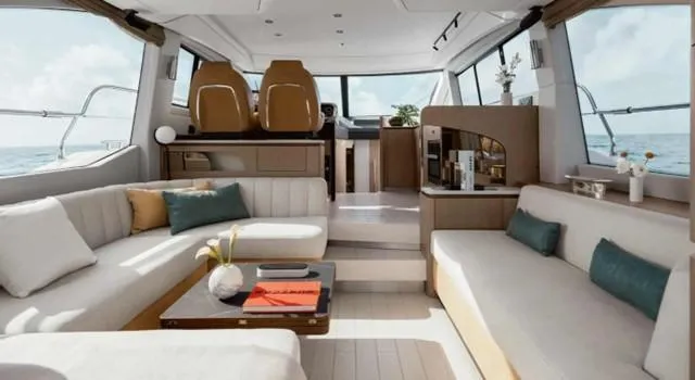 Slide: The Image of Luxurious interior of 2024 Azimut 50 Fly yacht with elegant seating and panoramic windows. - 5