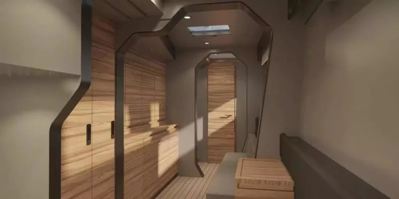 Slide: The Image of 2026 McConaghy MC55 yacht interior with modern wood paneling and sleek design. - 19