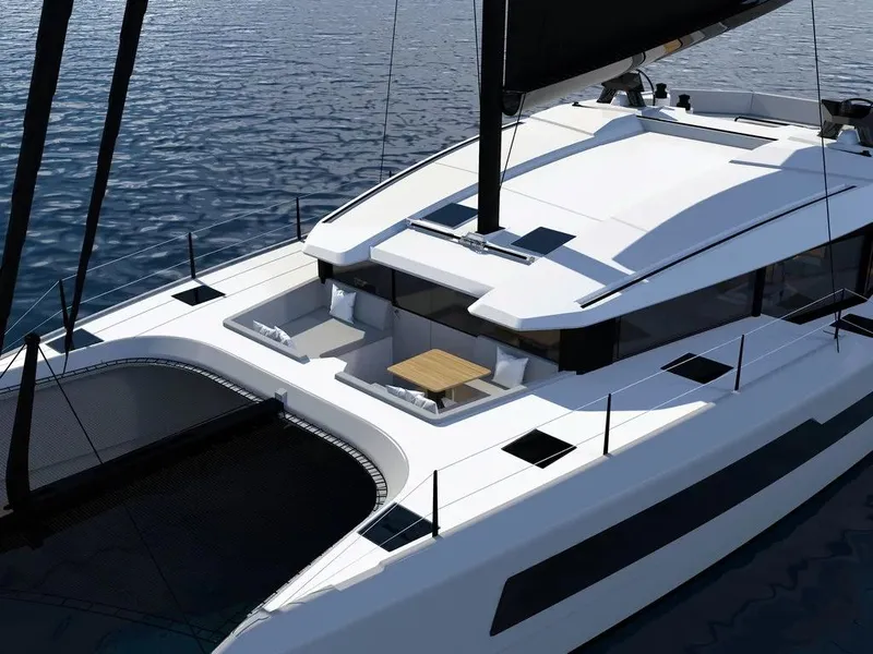 Slide: The Image of 2026 McConaghy MC55 yacht with sleek design and spacious deck on calm water. - 3