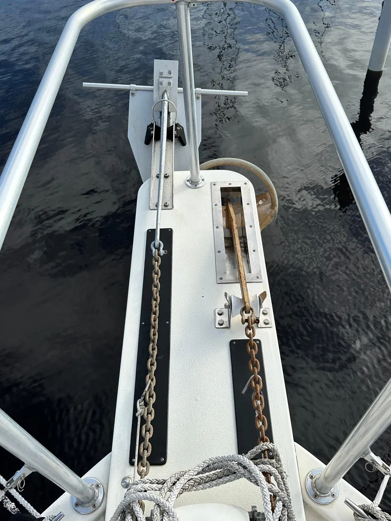 Slide: The Image of Bow of 2005 Great Harbour N37 boat with anchor chain and railing. - 20