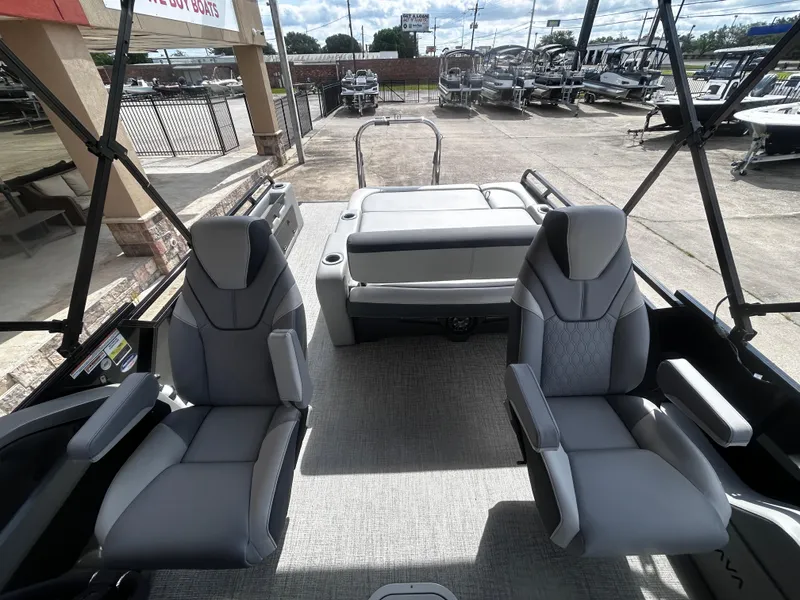 Slide: The Image of 2025 Avalon LSZ VRB23T DX boat interior with modern seating and spacious layout. - 21