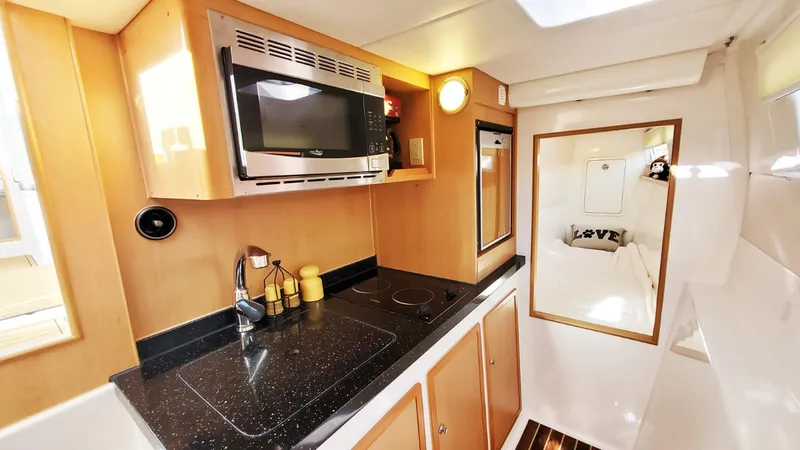 Slide: The Image of Modern kitchen in 2025 Smart Cat M280 Power boat with microwave and sleek design. - 31