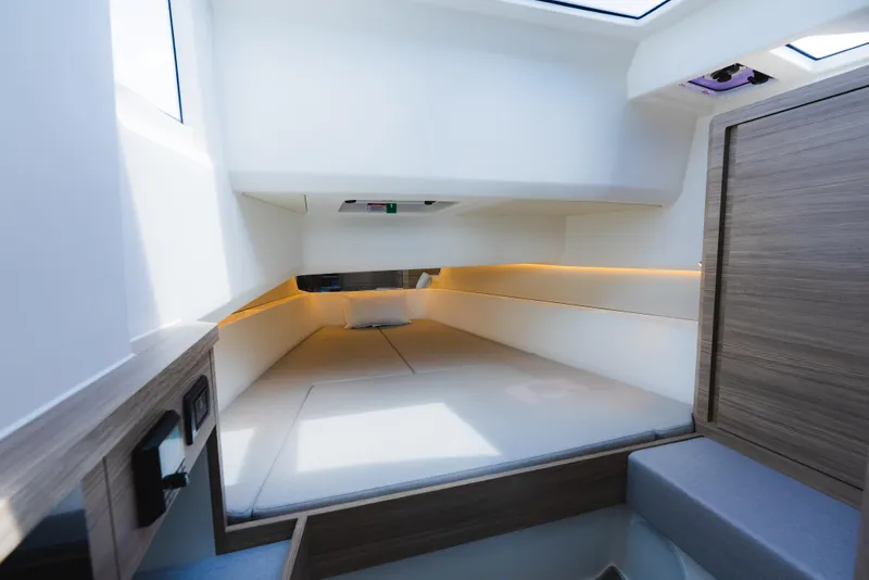 Slide: The Image of Interior cabin of 2024 Saxdor 400 GTO, featuring modern design and ambient lighting. - 34