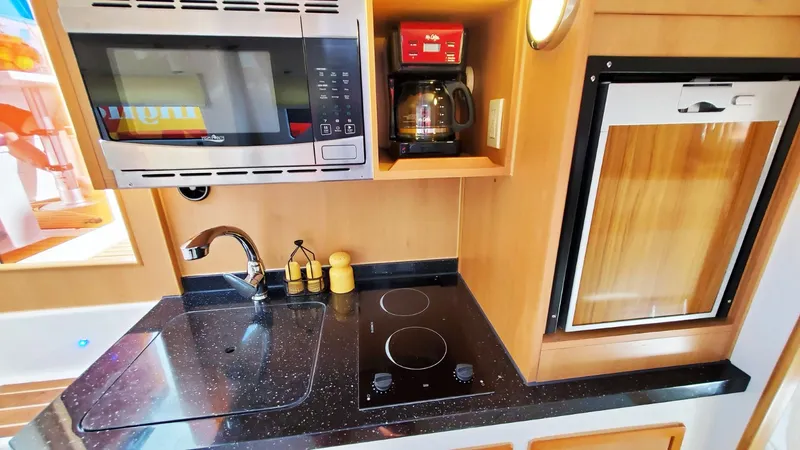 Slide: The Image of Compact kitchen in Smart Cat E280 Electric 2025, featuring stove, microwave, and coffee maker. - 35