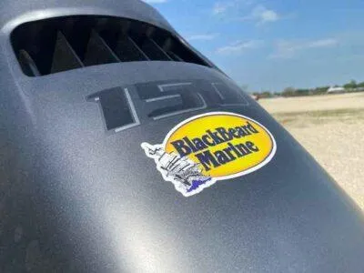 Slide: The Image of Sticker on a boat engine with "BlackBeard Marine" logo, SeaArk Flex 19 Pro 2025. - 5