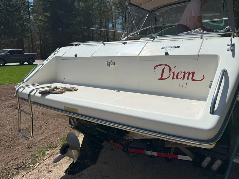 Slide: The Image of 1988 Slickcraft 268 SC boat with "Diem" name, parked on a trailer in a wooded area. - 7