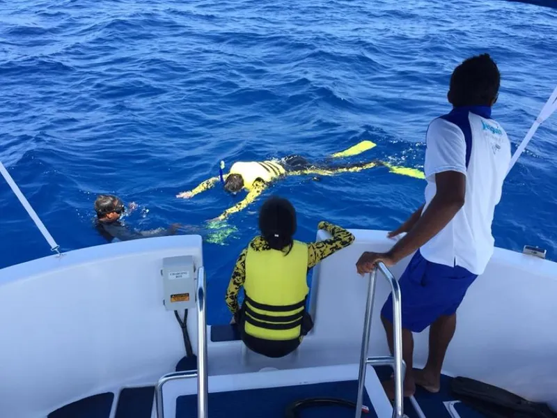 Slide: The Image of People snorkeling near a boat in clear blue ocean waters. - 14