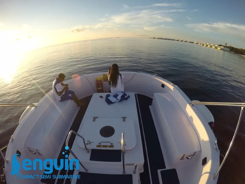 Slide: The Image of 2025 Penguin Semi-Submarine 2.1 Gasoline on calm waters at sunset, featuring spacious deck seating. - 16