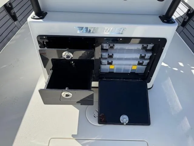 Slide: The Image of 2025 Pathfinder 2500 Hybrid storage compartments with open drawers and tackle boxes. - 17