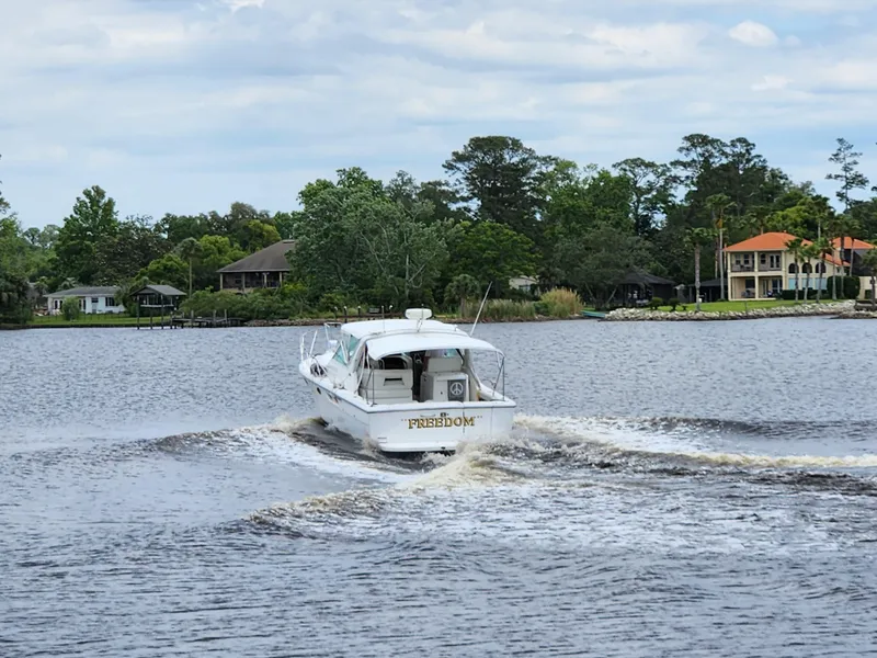 Slide: The Image of 2001 Tiara Yachts 3100 Open cruising on a scenic river with lush greenery. - 5