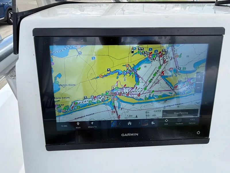 Slide: The Image of Garmin navigation display on Blazer Bay 2020 boat, showing detailed marine map. - 18