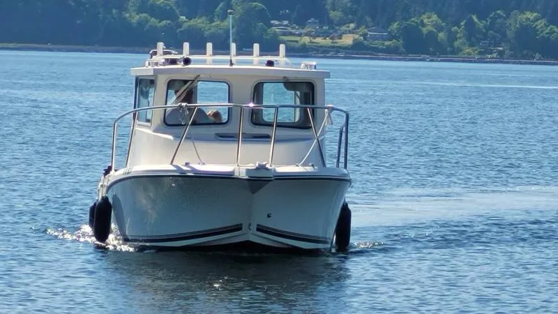 Slide: The Image of 2021 Defiance San Juan 220 boat cruising on a serene lake. - 0