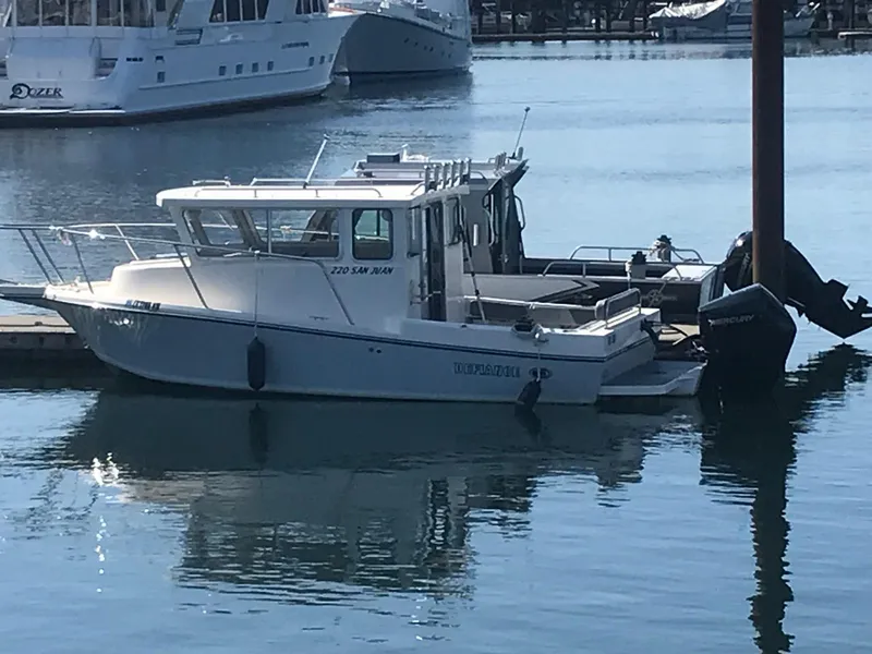 Slide: The Image of 2021 Defiance San Juan 220 boat docked in a marina. - 2