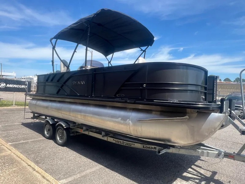 Slide: The Image of 2021 Sylvan Mirage Fish 8522 Party Fish 4.0 pontoon boat on trailer. - 11
