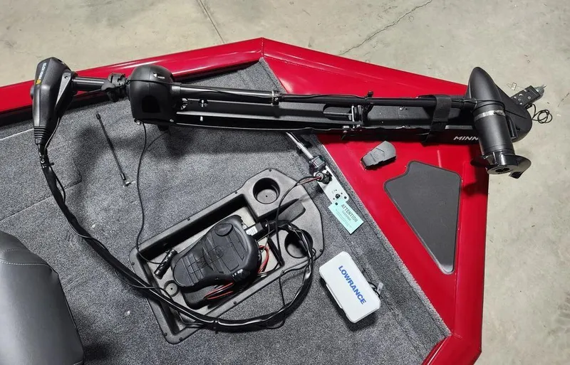 Slide: The Image of 2025 Tracker Pro Team™ 195 Tournament Edition boat deck with trolling motor and Lowrance equipment. - 5