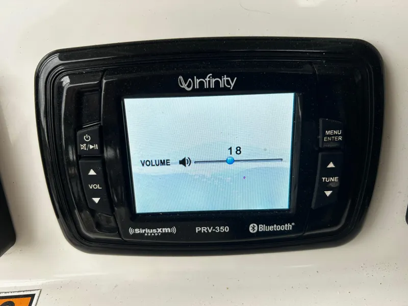 Slide: The Image of Infinity PRV-350 stereo system displaying volume level 18, featuring Bluetooth and SiriusXM connectivity. - 11