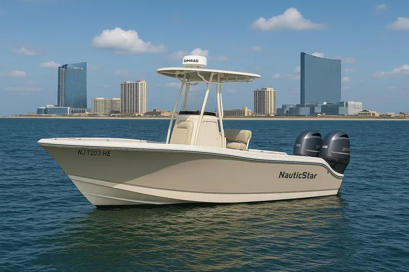 Slide: The Image of 2018 NauticStar 25 XS Offshore boat on water with city skyline in background. - 2
