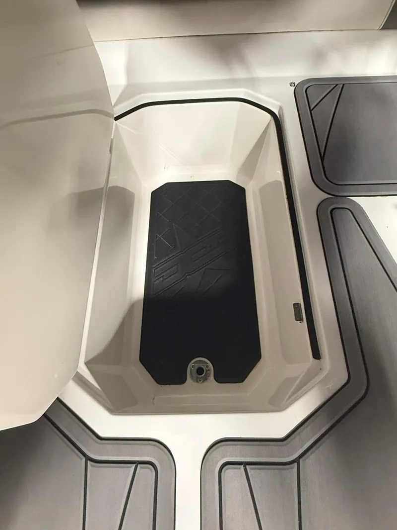 Slide: The Image of 2016 Daves Custom Boats M31 storage compartment with black mat and sleek design. - 17