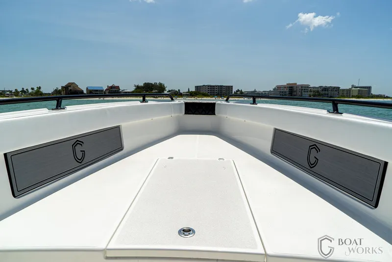 Slide: The Image of Bow view of 2022 CG Boat Works 35 M-Series on water. - 33