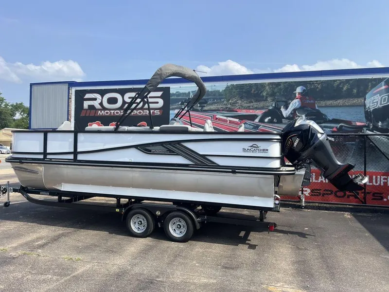 Slide: The Image of 2025 SunCatcher Fusion 322 FC pontoon boat on trailer at Ross Motorsports. - 4