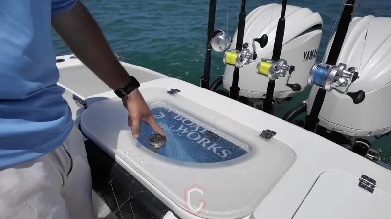 Slide: The Image of 2022 CG Boat Works 35 M-Series with Yamaha engines, featuring fishing rod holders and livewell. - 32