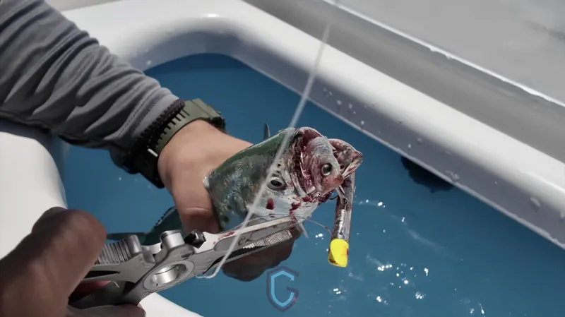Slide: The Image of Person removing hook from fish on CG Boat Works 35 M-Series, 2022 model. - 44