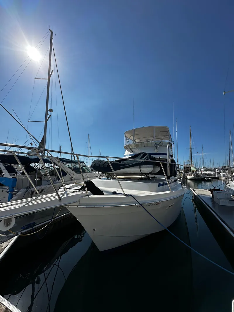 Slide: The Image of 1985 Chris-Craft 382 Commander yacht docked under clear blue sky. - 3