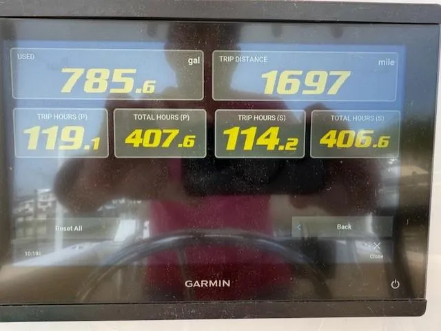 Slide: The Image of Garmin display showing fuel usage, trip distance, and hours for Angler 2600CC Limited Edition boat. - 20