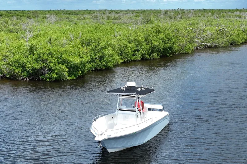Slide: The Image of A 2007 Century 2600CC boat on a calm river near lush green mangroves. - 2