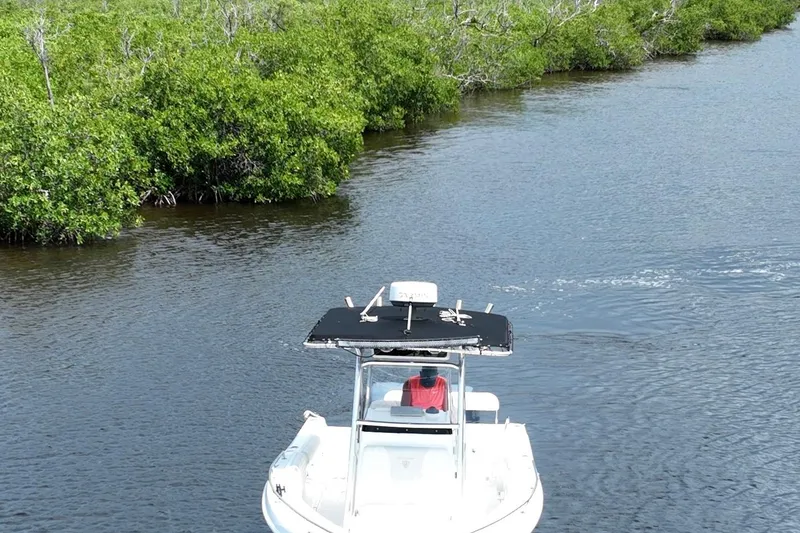 Slide: The Image of Century 2600CC boat navigating a narrow waterway surrounded by lush greenery. - 3