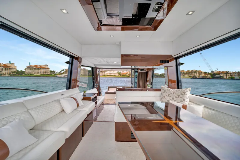 Slide: The Image of Luxurious interior of 2020 Galeon 500 Fly yacht with panoramic water views. - 11