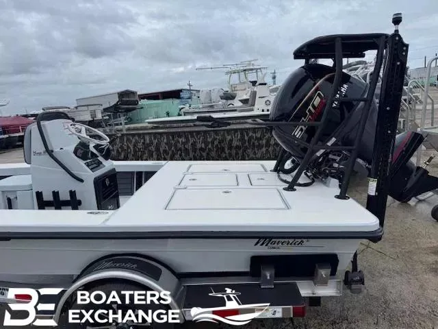 Slide: The Image of 2025 Maverick HPX-V 18 boat at Boaters Exchange, featuring a powerful outboard motor. - 4
