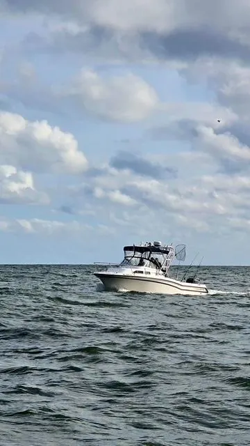Slide: The Image of 1999 Grady-White Voyager 248 boat on open sea under cloudy sky. - 4