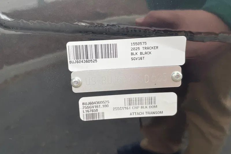 Slide: The Image of 2025 Tracker Super Guide V-16 T boat identification labels and serial numbers. - 33