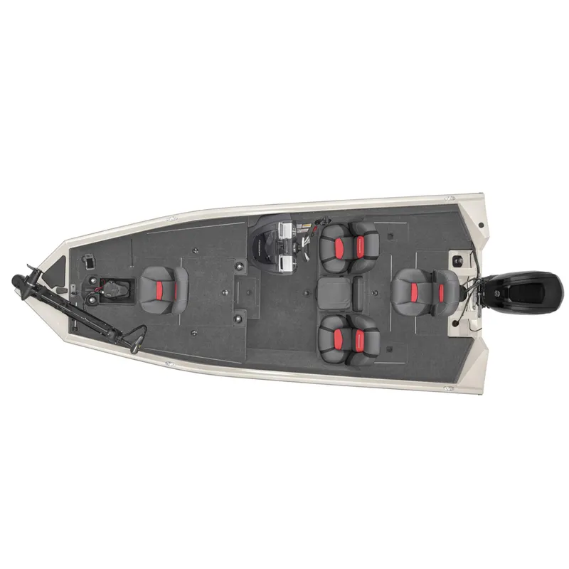 Slide: The Image of 2025 Tracker Pro Team 175 boat, top view, featuring seating and motor layout. - 2