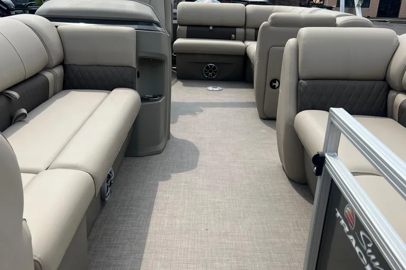 Slide: The Image of 2025 Sun Tracker Party Barge 20 DLX interior with spacious seating and modern design. - 5