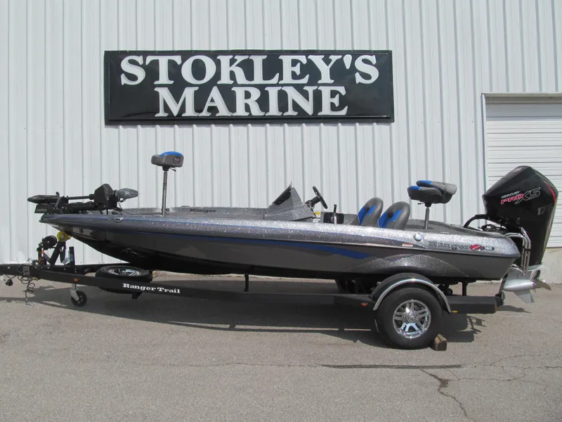 The Image of 2025 Ranger Z185 boat at Stokley's Marine dealership, displayed on a trailer. - 1